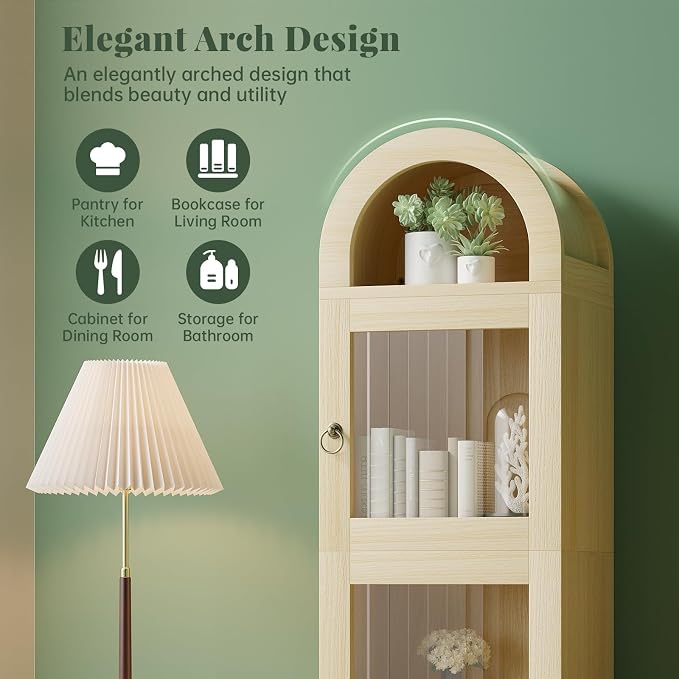 71" Tall Arched Cabinet with Acrylic Door, Modern Curio Arched Bookcase W/Drawer - Image 3