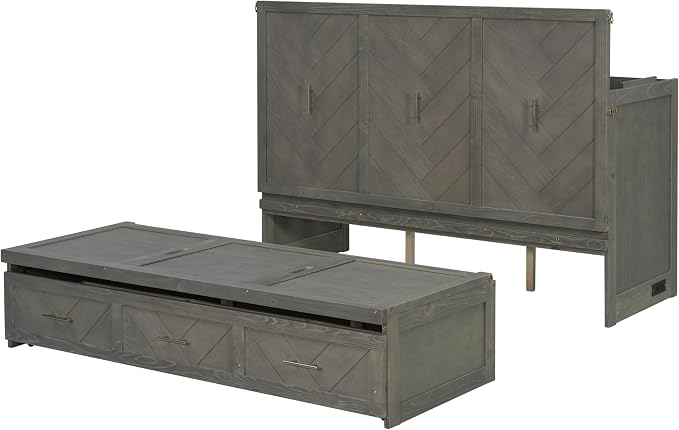KEIKI Queen Murphy Bed Cabinet Charging Station & Geometrical Panel, Pine Wood - Image 10