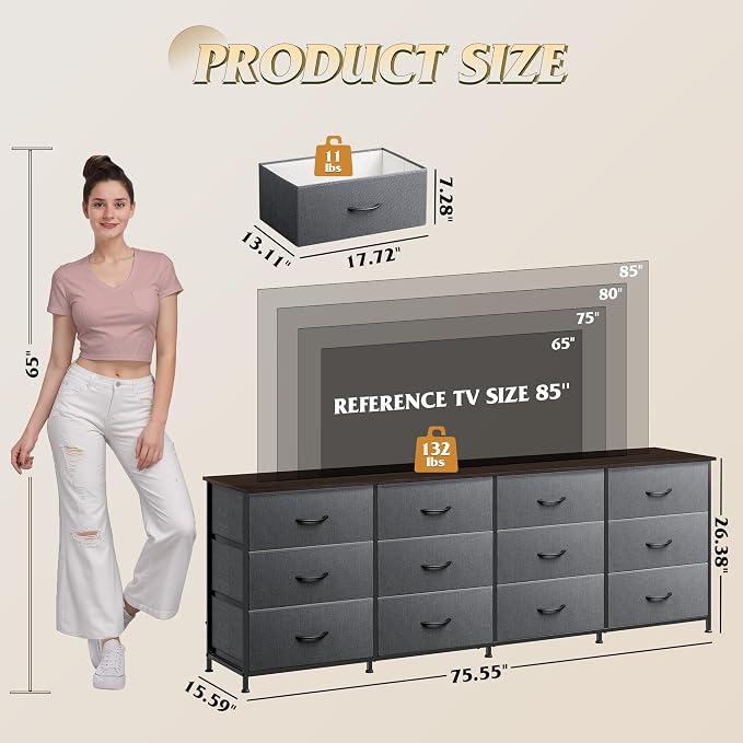WLIVE 75.5'' Dresser for Bedroom, TV Stand for 85, 65 Inch TV, 12 Drawer Long - Image 3