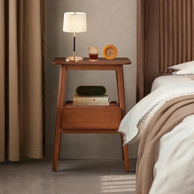 Fluted Nightstand with Drawer – Tall Solid Bamboo Bedside Table with Open Shelf - Image 3