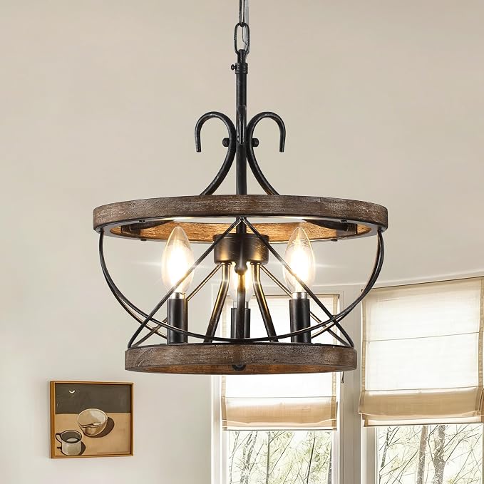 12.9 Inch Farmhouse Chandelier for Dining Room Wood Drum Chandelier Light by DawnWhisper