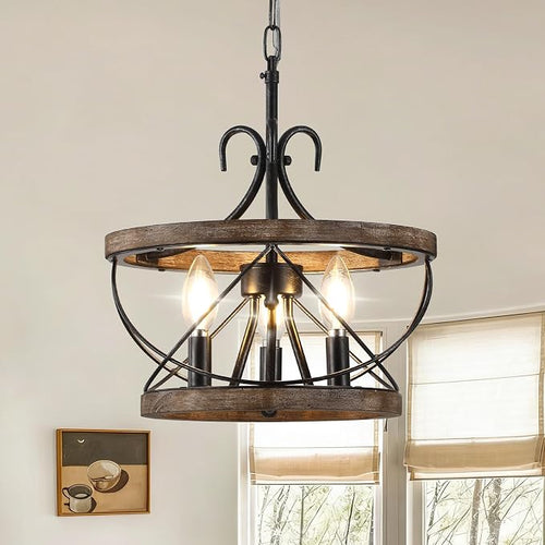 12.9 Inch Farmhouse Chandelier for Dining Room Wood Drum Chandelier Light by DawnWhisper