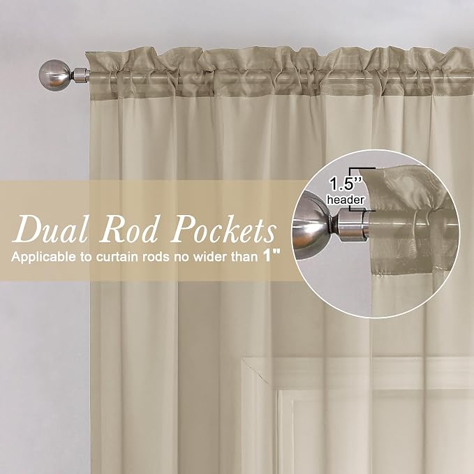 Lecloud Taupe Sheer Curtains 63 Inch Length 2 Panels, Airy & Breathable Solid - Image 2