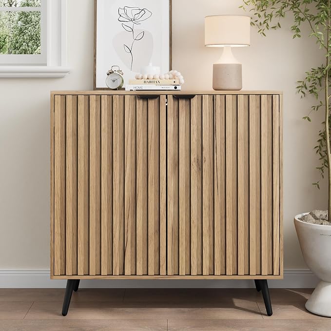 Smuxee Fluted Sideboard Cabinet, Freestanding Natural Buffet Cabinet - Image 8