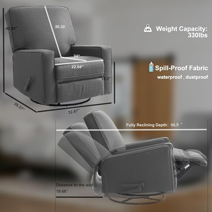 Harkawon Swivel Rocker Recliner Chair, Glider Rocker Recliner, Rocking Chair - Image 3