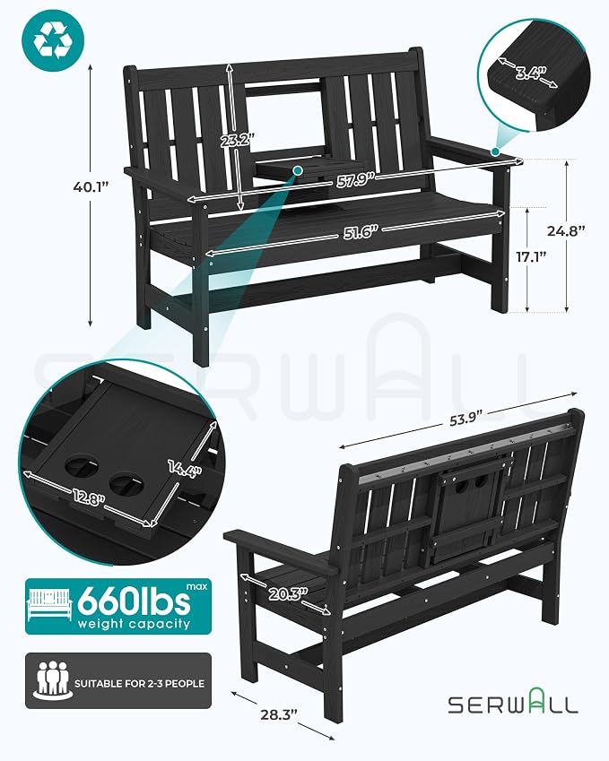 SERWALL Outdoor Bench with Cup Holder, Oversized 58" HDPE Porch Bench Suitable - Image 2