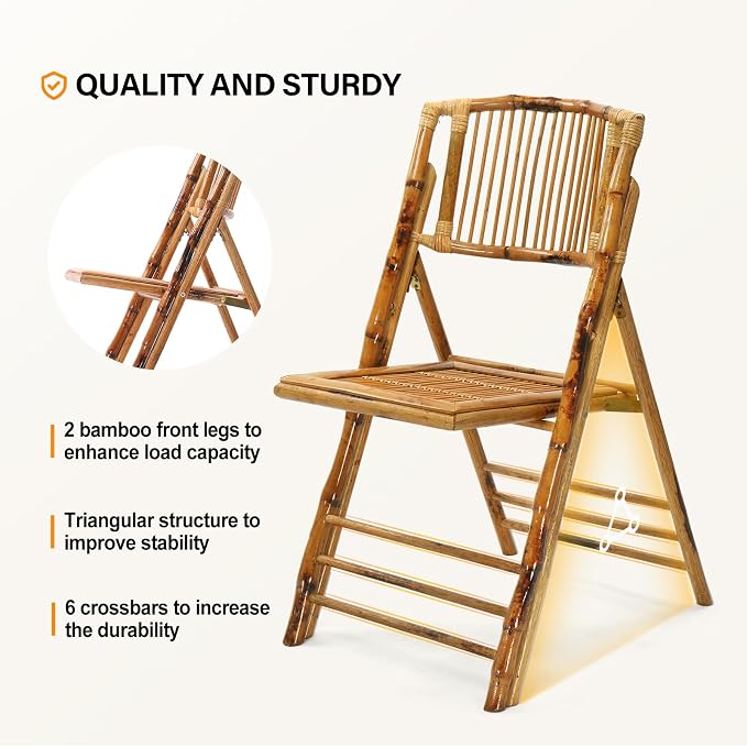 VINGLI Bamboo Folding Chair, Foldable Dining Wood Chairs Comfortable Seat - Image 4