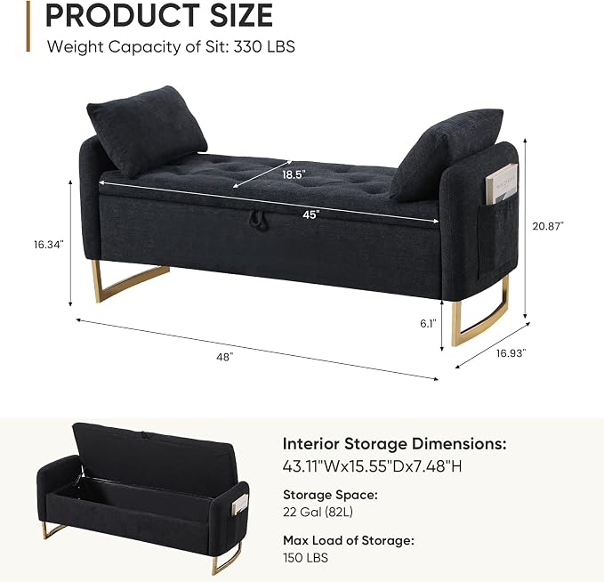 48" End of Bed Bench, Modern Storage Benches - Image 2