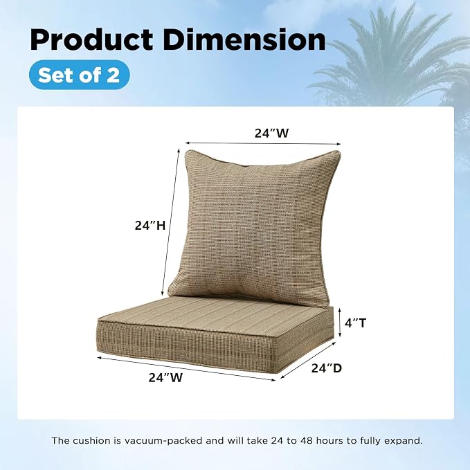 Outdoor Deep Seat & Back Cushion Set, 24 x 24 Inch Water Repellent and Fade - Image 2