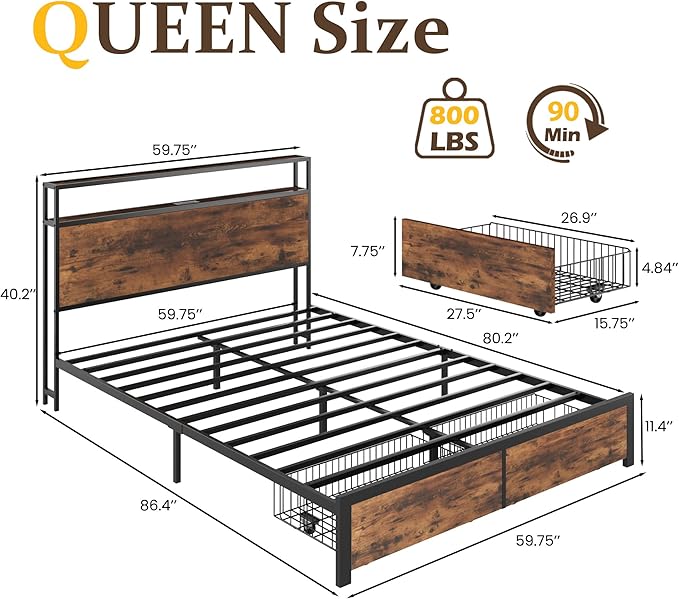 Lifezone Queen Bed Frame with 2-Tier Storage Headboard, Metal Bed Frame with - Image 2