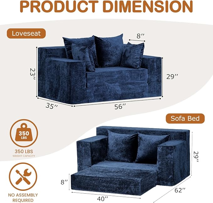 Loveseat Sofa Bed, Convertible Silky Velvet 5-in-1 Foldable Boneless Sleeper - Image 2