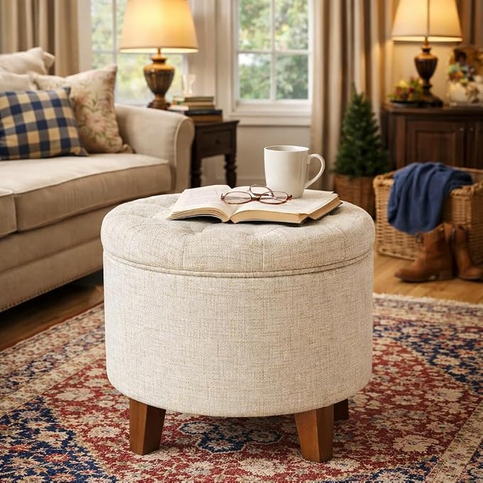 Homepop Home Decor | Upholstered Round Tufted Foot Rest Ottoman | Ottoman - Image 7