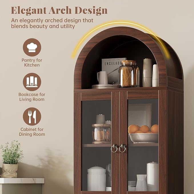 71" Tall Arched Cabinet with Acrylic Door, Modern Curio Arched Bookcase with - Image 3