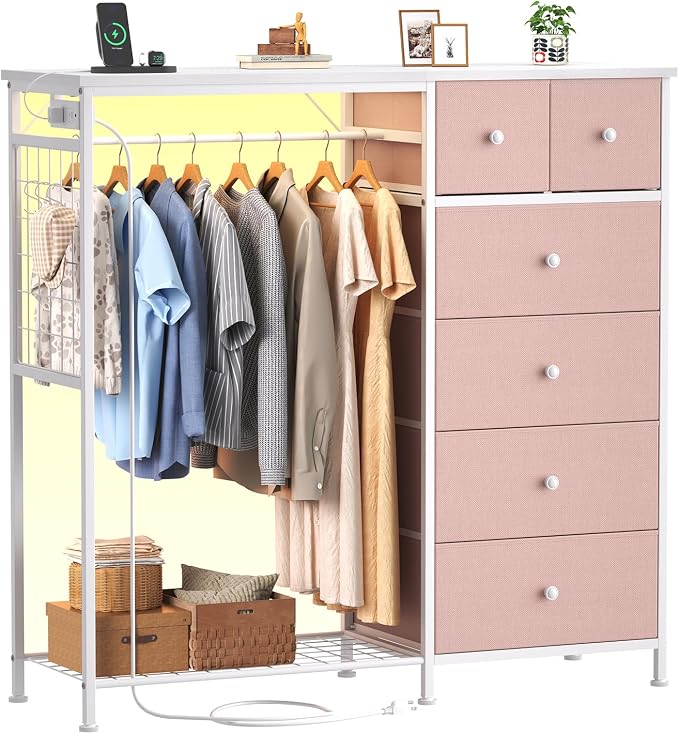 DUMOS Dresser for Bedroom with Hanging Rack, 6 Drawer Fabric Dresser with by DumosLifestyle