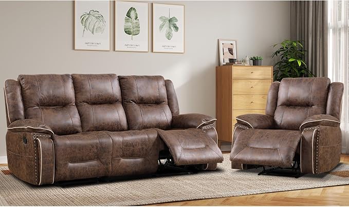 EBELLO Faux Leather Manual Recliner Sofa Set, 1 Seat Reclining Chair and a 3 - Image 6