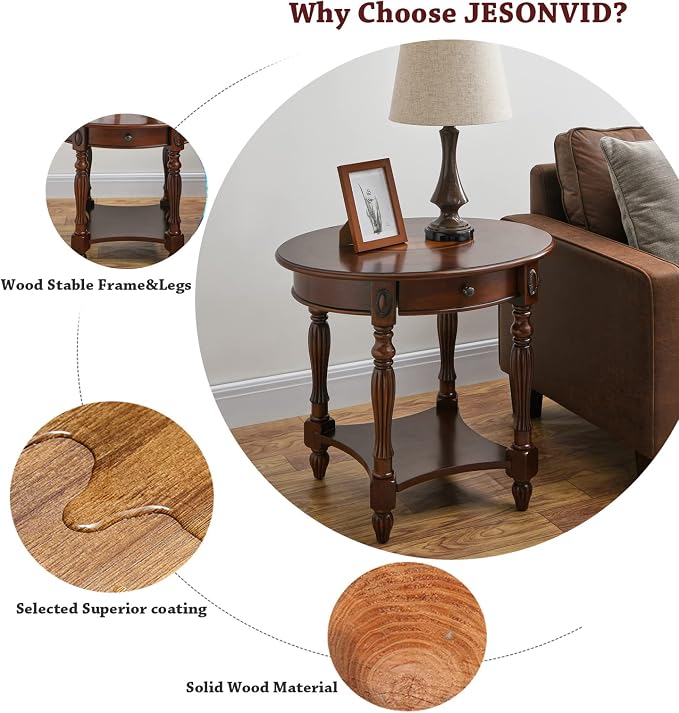 Solid Wood Oval End Table with Drawer and Storage Shelf, Traditional Vintage - Image 4