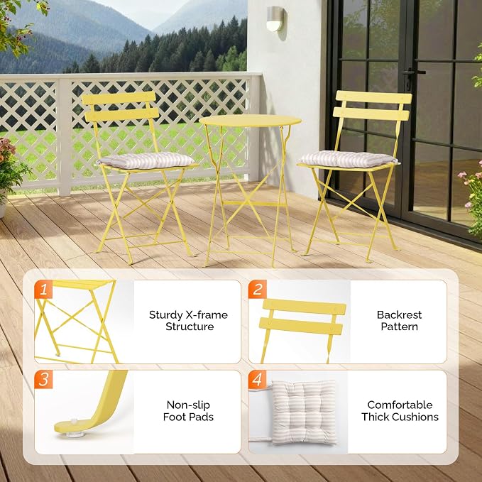VINGLI Outdoor Folding Bistro Table and Chairs Set of 2, 3-Piece Bistro Set - Image 8