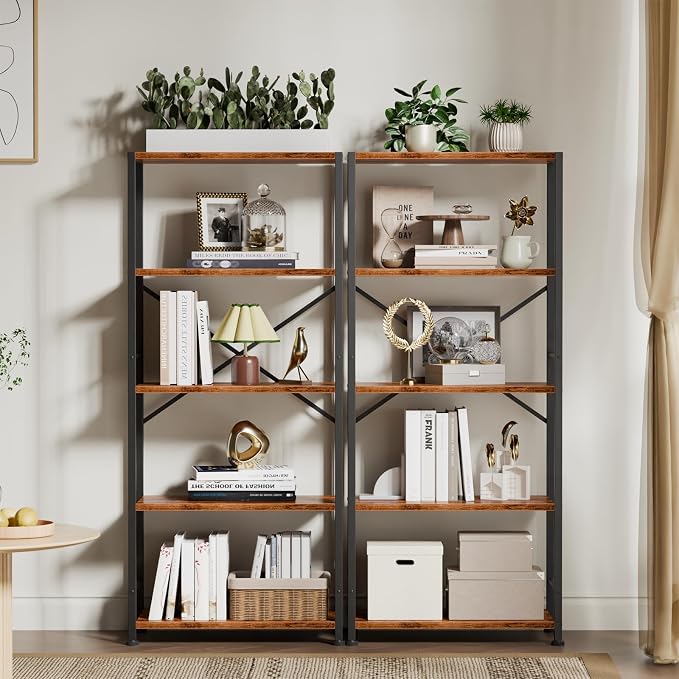 Furologee 5 Tier Book Shelf Set of 2, Tall Wide Bookshelf, Industrial Open - Image 2