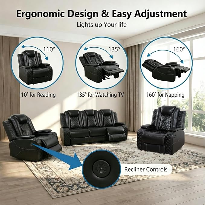 Power Recliner Sofa Set with LED Lights, Includes 2 Manual Recliner 1 Seat and - Image 2