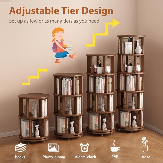 Muwuele Solid Wood Rotating Bookshelf on Wheels, 5 Tier, Round Revolving - Image 7