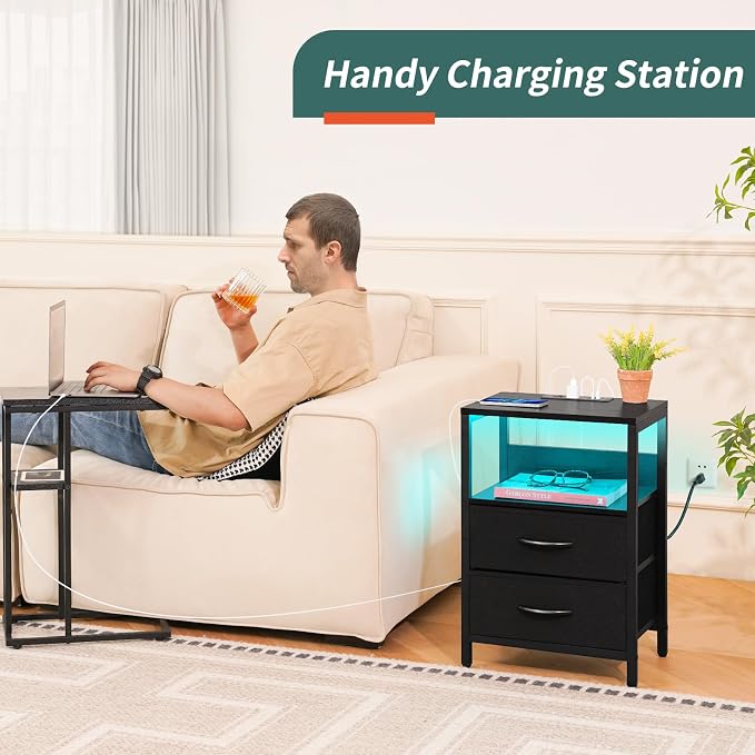 Yoobure Nightstand with Charging Station, LED Night Stand with Fabric Drawers - Image 4