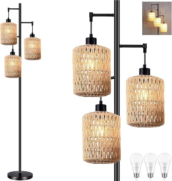 QIYIZM Floor Lamp for Living Room, 3-Lights Boho Rattan Tree Floor Lights by QIYIZM