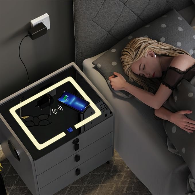 Smart Nightstand with Fingerprint Lock Drawer, Nightstand with Wireless Charging - Image 5