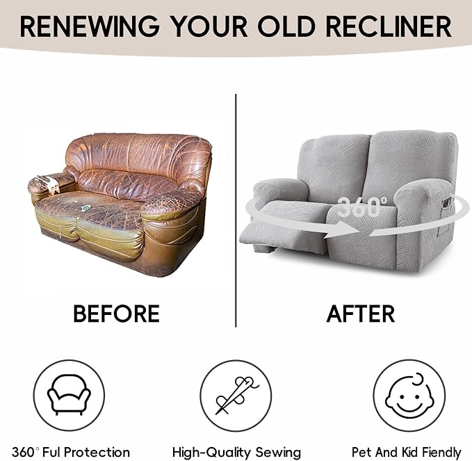 Recliner Loveseat Covers, 4-Piece Stretch Geometric Strokes Jacquard Reclining - Image 6