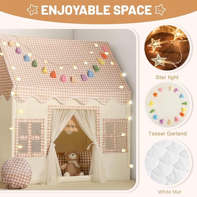 Kids Play Tent Indoor: with Brown Checkered, Rainbow Tissue Garland, Star Lights - Image 2