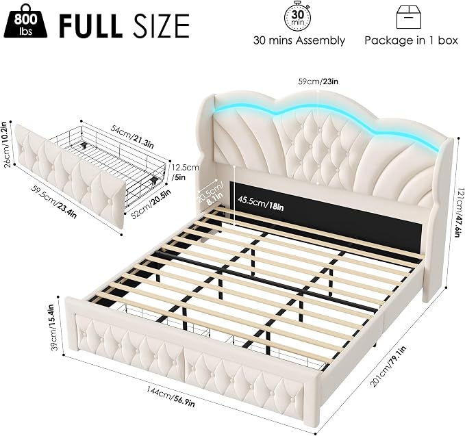 Keyluv Full Bed Frame Arc-Shaped LED Lights and 47.2" Height Wingback Bed - Image 2