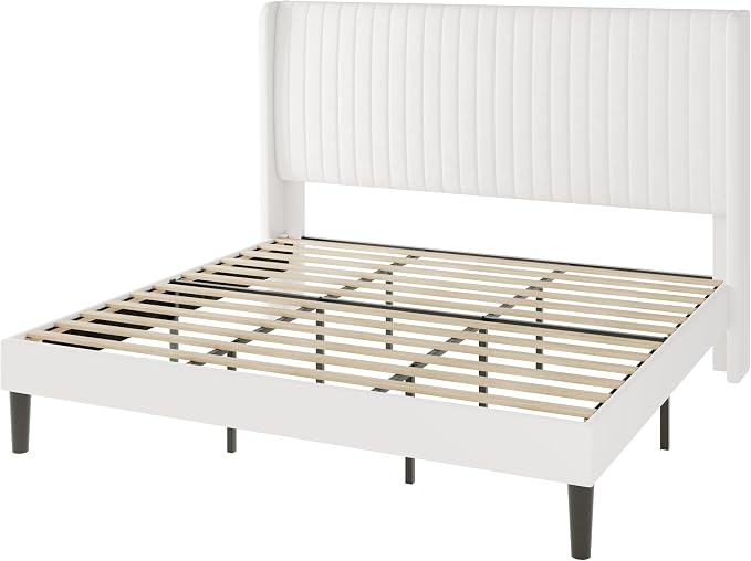 Allewie King Size Velvet Bed Frame/Vertical Channel Tufted Wingback - Image 9