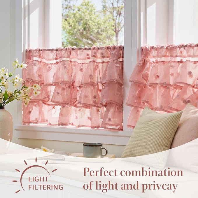 jinchan Ruffled Kitchen Valance Pom-Pom Voile Valance Curtains Sheer Shabby - Image 7
