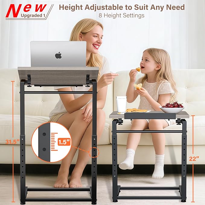 Tv Tray Table Set of 2, 8-Level Adjustable Height Couch Side Table，90° Tilt - Image 2