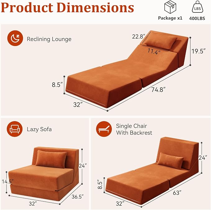Fold Out Chair Bed, Folding Sofa Bed, 3 in 1 Convertible Sleeper Chair Bed - Image 2