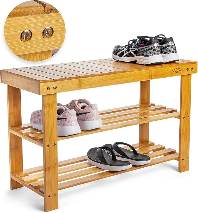 Purawood Bamboo 3 Tier Shoe Rack Bench, Premium Shoe Organizer or Entryway Bench - Image 5