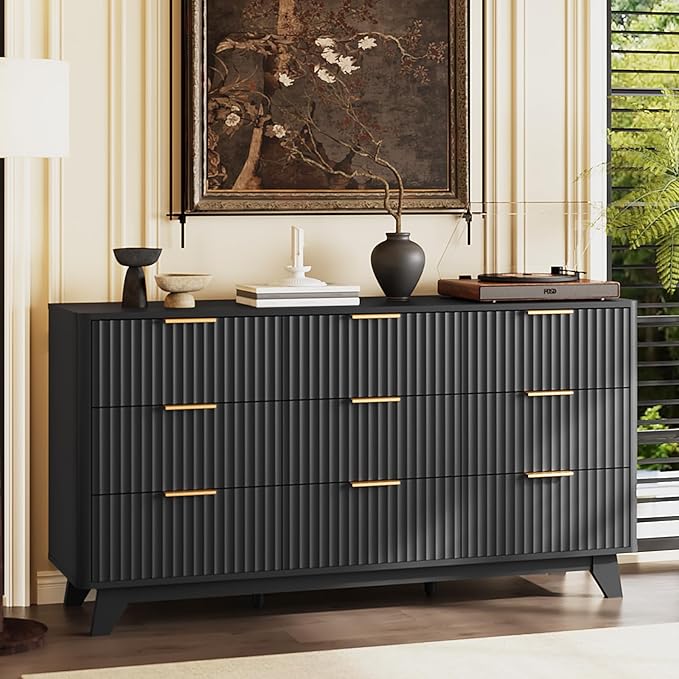 VINGLI Black Dresser 9 Drawer, Fluted Dresser by VINGLI
