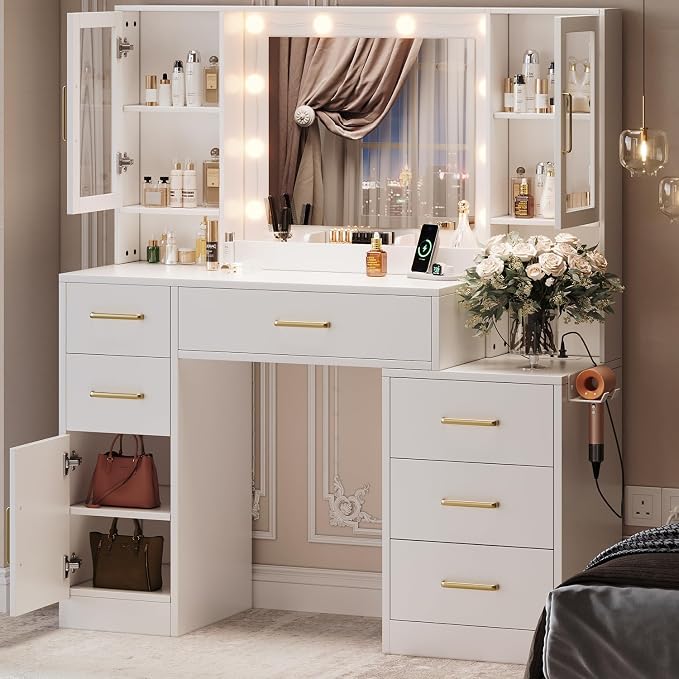 TOKSOM 51" Vanity Desk with Mirror and Lights & Charging Station, Bedroom by TOKSOM