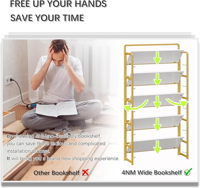 4NM No Assembly Extra Wide 5 Tiers Folding Bookshelf Storage Shelves Vintage - Image 6