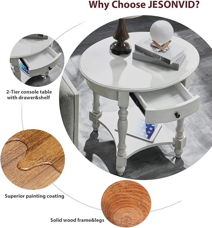 Solid Wood Oval End Table with Drawer and Storage Shelf, Antique White - Image 4