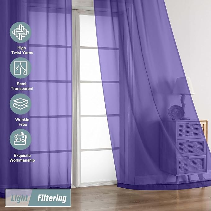 Purple Sheer Curtains 63 Inch Length 2 Panels, Voile Sheer Curtain - Image 5
