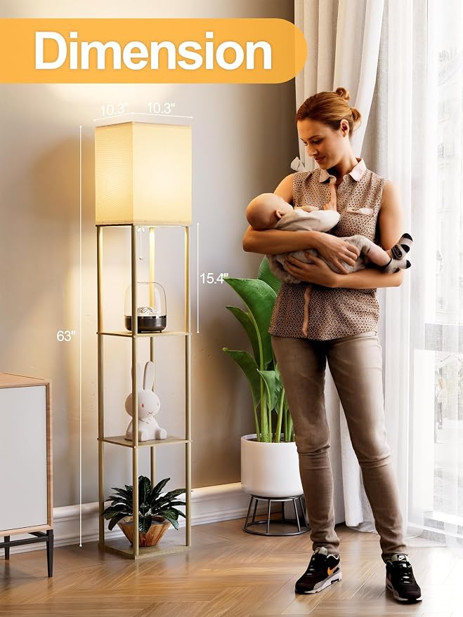 Floor Lamp with Shelves for Living Room Natural Wood, Shelf Floor Lamp with 3 - Image 4
