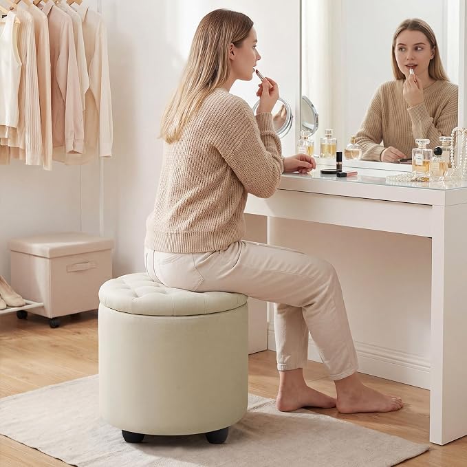 Furniliving Modern Round Storage Ottoman, Button Tufted Ottoman Foot Stools - Image 3