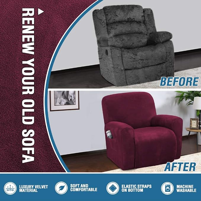 H.VERSAILTEX Velvet Stretch Recliner Couch Covers 4-Pieces Style Recliner Chair - Image 5