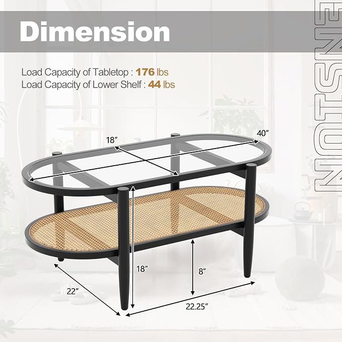 Giantex Rattan Coffee Table, 2-Tier Oval Wood Tea Table - Image 2
