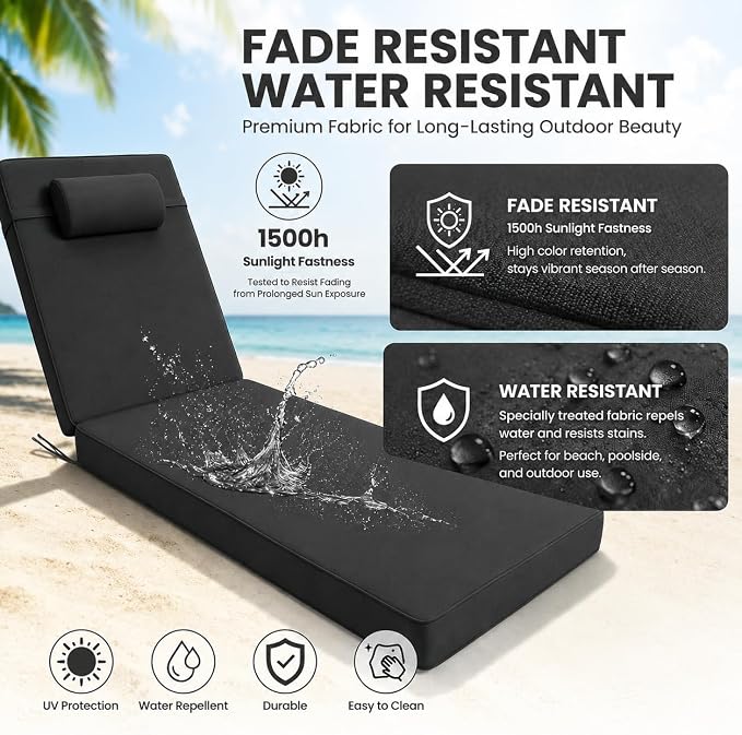 Chaise Lounge Cushion for Outdoor Furniture, Waterproof, Fade-Resistant and - Image 3
