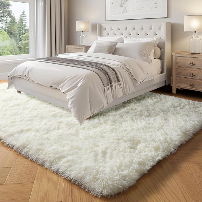 PAGISOFE Fluffy Shag Area Rugs for Bedroom Living Room, Cream White Super Soft - Image 4
