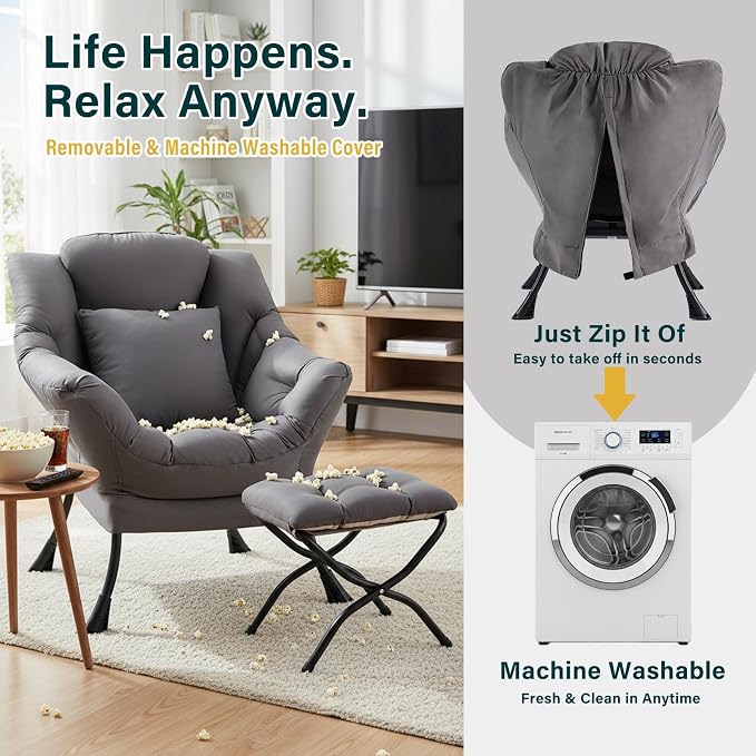 Lazy Chair with Ottoman, Large Accent Chair with Ottoman and a Throw Pillow - Image 4
