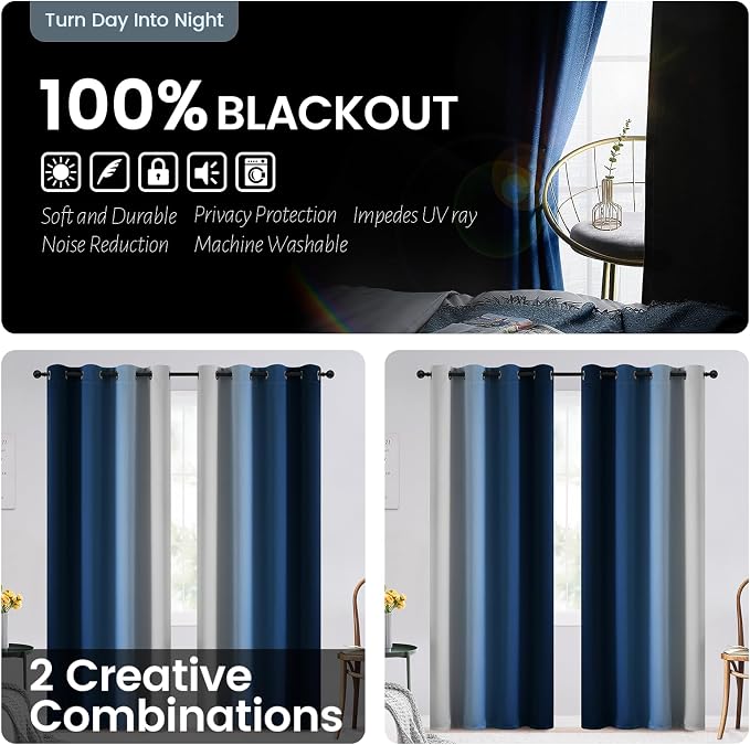 SimpleHome Blue Ombre 100% Blackout Curtains - Image 2
