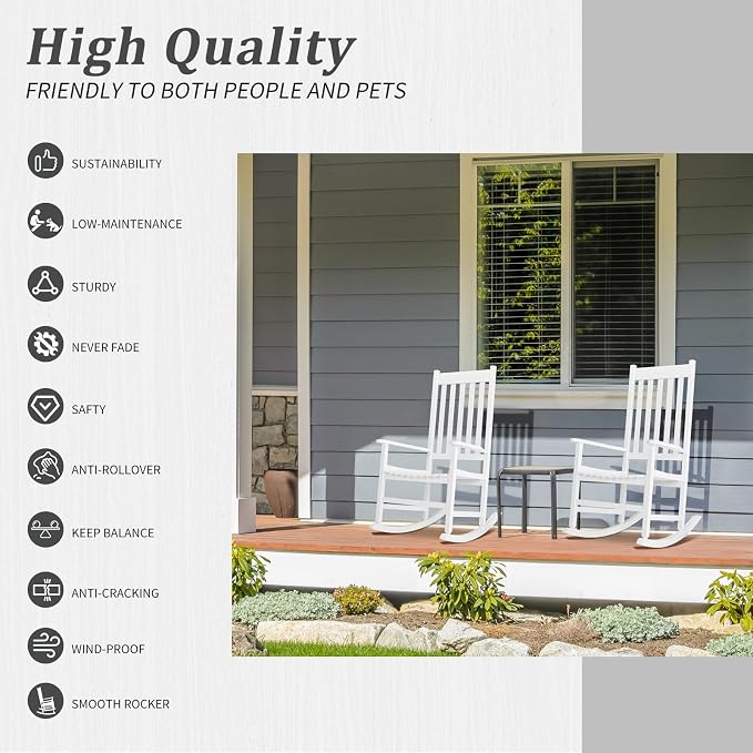 Outvita Outdoor Rocking Chair, Solid Wood High Back Rocker, All Weather Lounge - Image 4