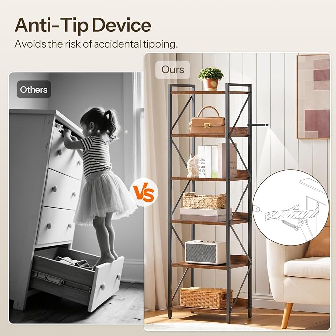 HOOBRO Bookshelf, 6-Tier Industrial Bookcase, Book Shelf Storage Organizer - Image 8